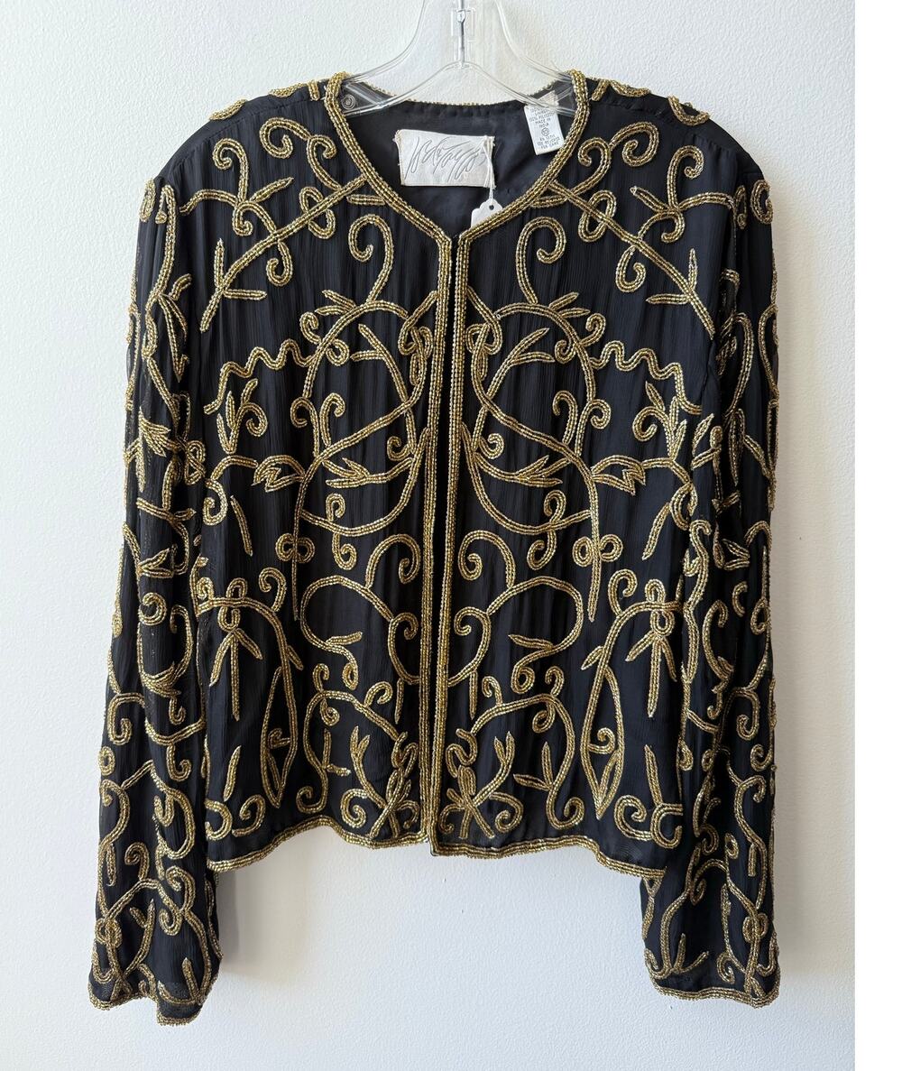 Vintage Silk Beaded Evening Jacket Gold Black Maximalist Art Deco Boho Luxury L